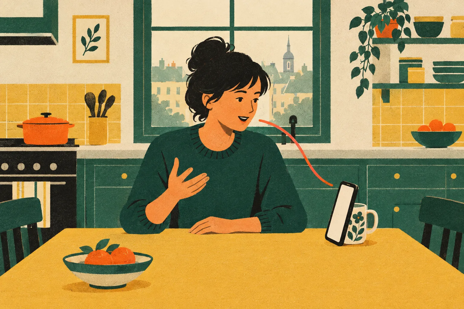 A person at a kitchen table speaks with one hand raised toward a phone propped against a mug, a curved line of sound arcing between them.