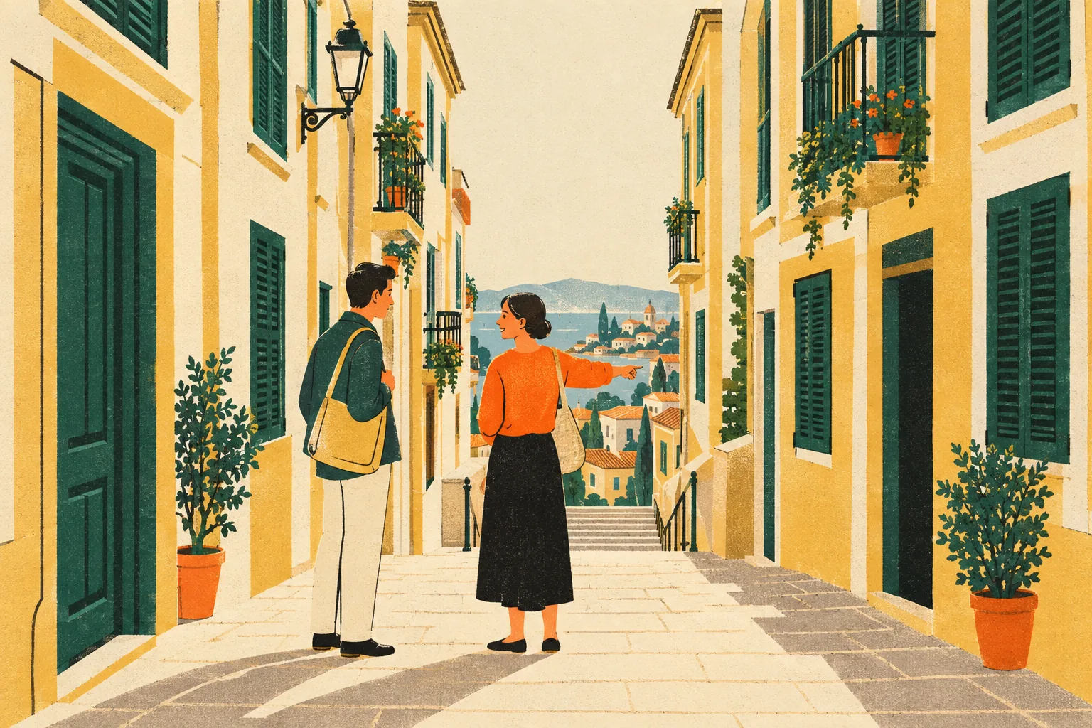 A traveller with a shoulder bag stops a passer-by on a narrow Spanish street; the local points ahead toward a stairway leading down at the far end.