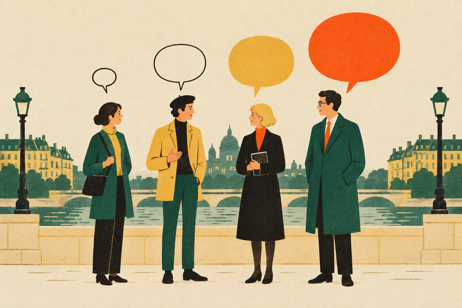 Four standing figures side by side, each with an empty speech bubble above them growing from very small on the left to large and tangerine on the right.