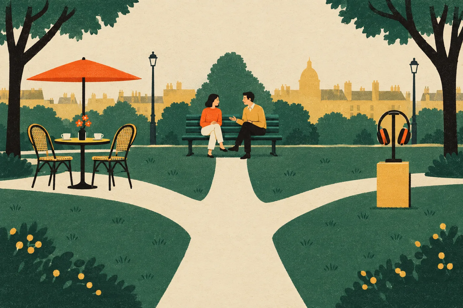 A path splitting into three routes, leading to a café table with two chairs, two people talking on a bench, and a pair of headphones on a stand.
