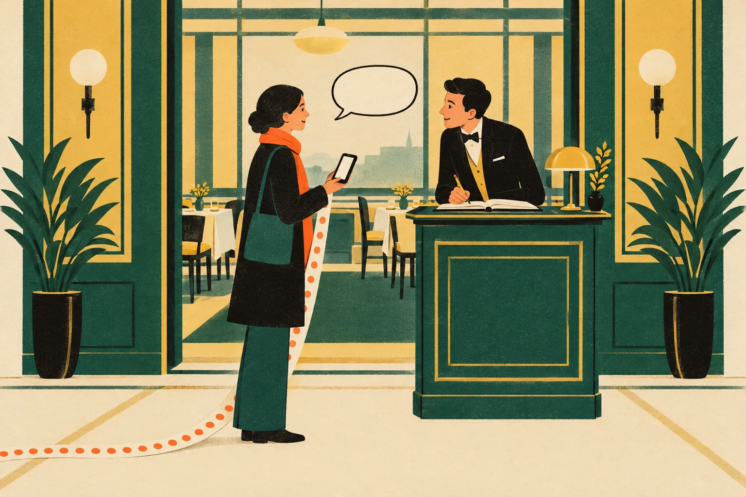 A person holding a phone, a long ribbon of filled circles trailing behind them, faces a restaurant host waiting with a pencil over a blank book; an empty speech bubble hangs between them.