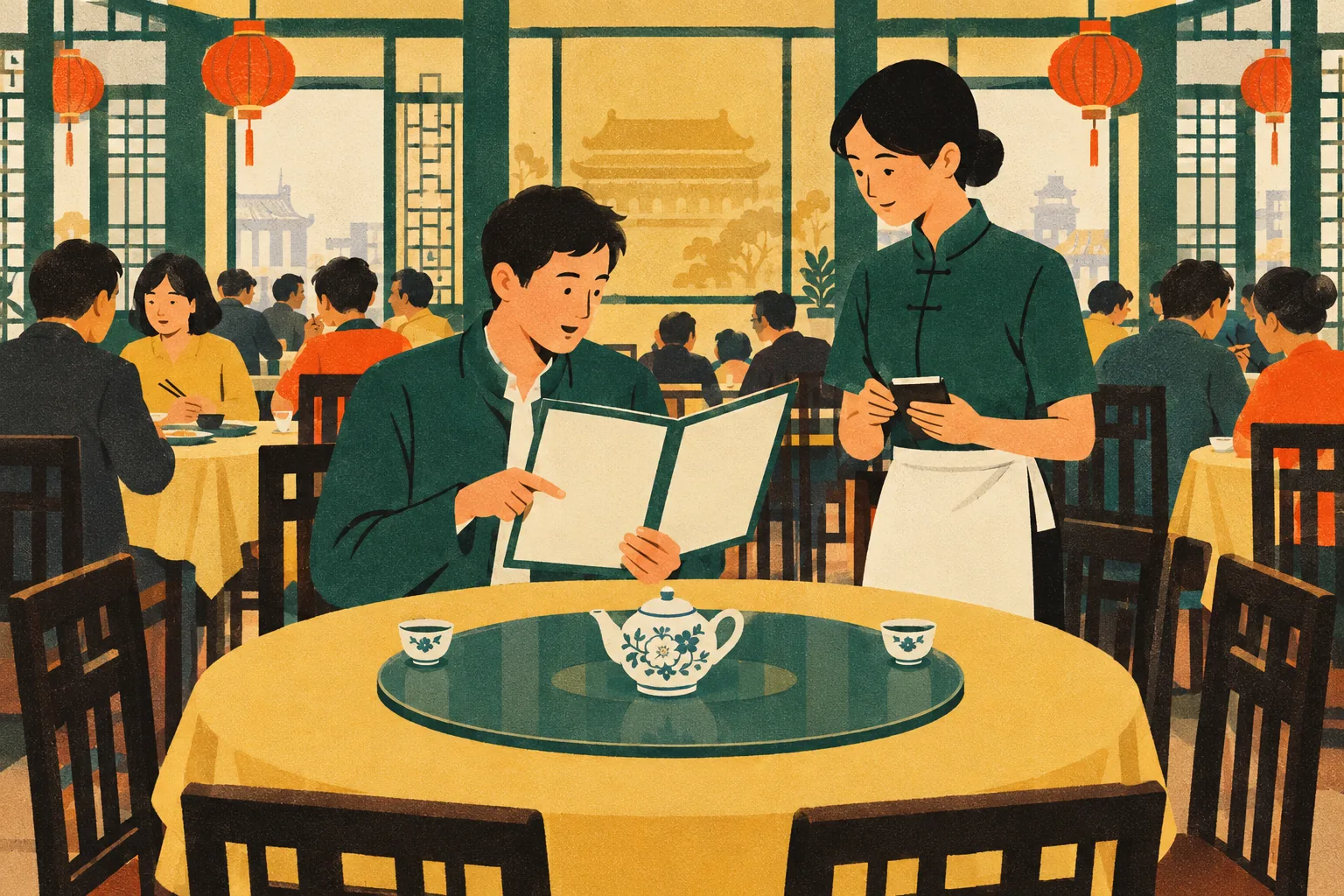 A diner at a small Beijing restaurant table reads an open menu aloud, tracing it with one finger, while a server with a notepad waits beside the table.
