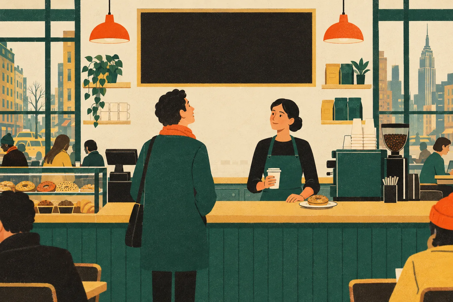 A customer at a New York coffee shop counter reads a menu board out loud while a barista waits with a to-go cup, a bagel on a plate beside it.