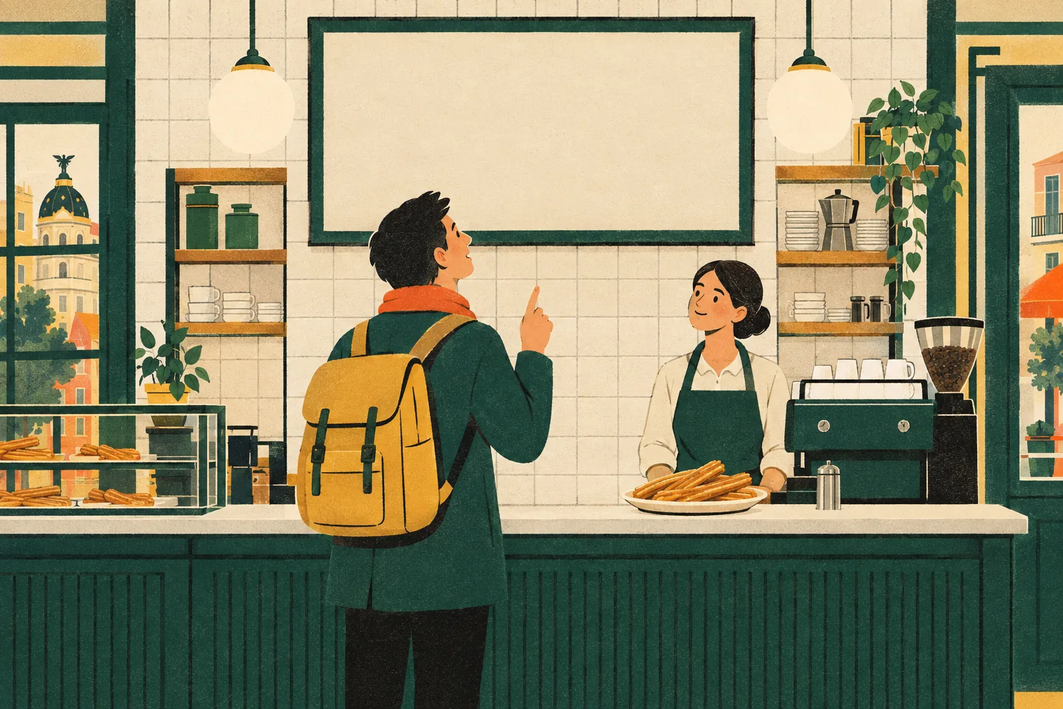 In a Madrid café, a traveller at the counter reads a menu board out loud with one finger raised, while a barista waits beside the coffee machine and a plate of churros.