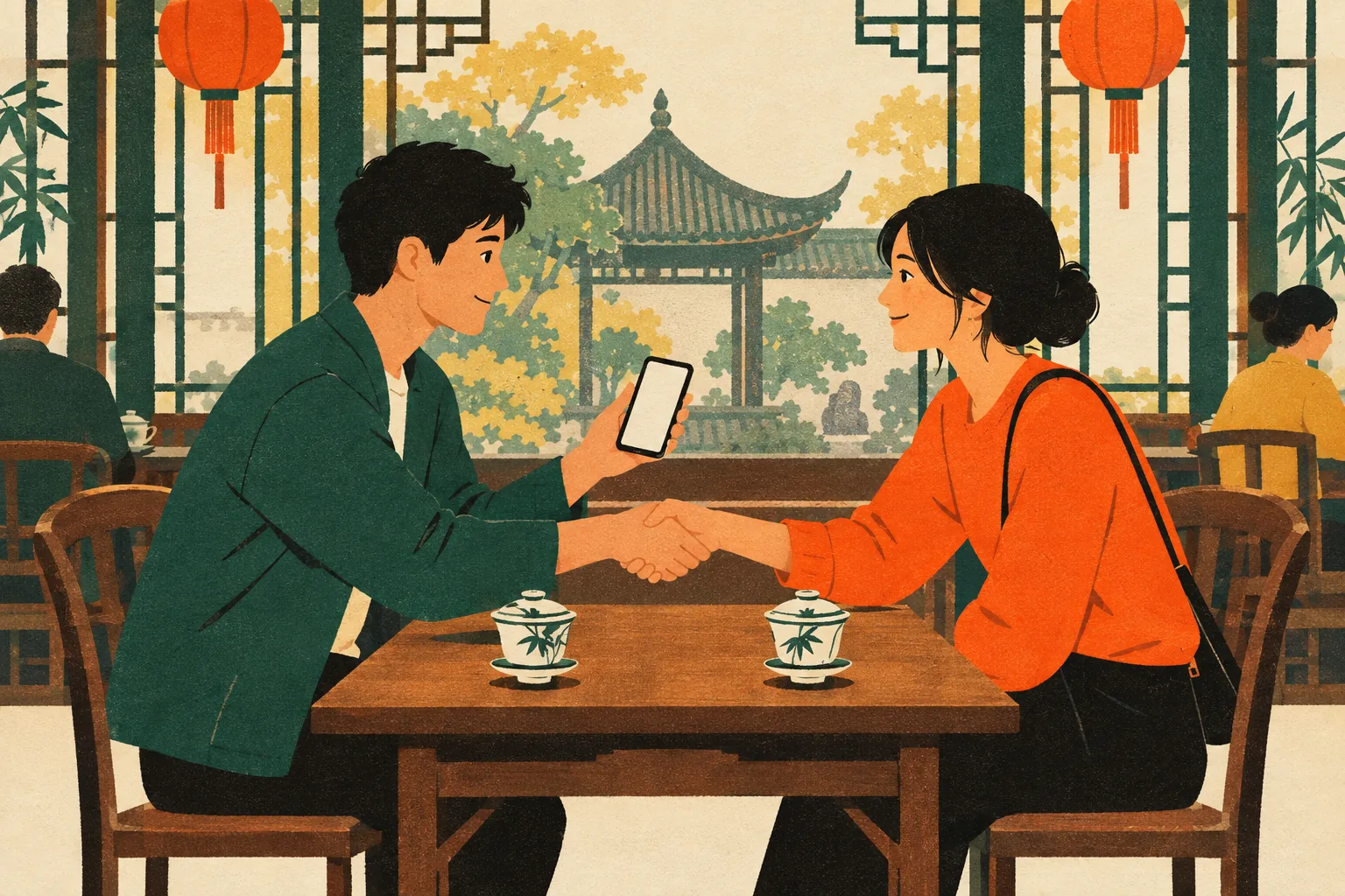 Two young people at a teahouse table shake hands lightly across two lidded teacups, one holding out a phone with a blank screen.