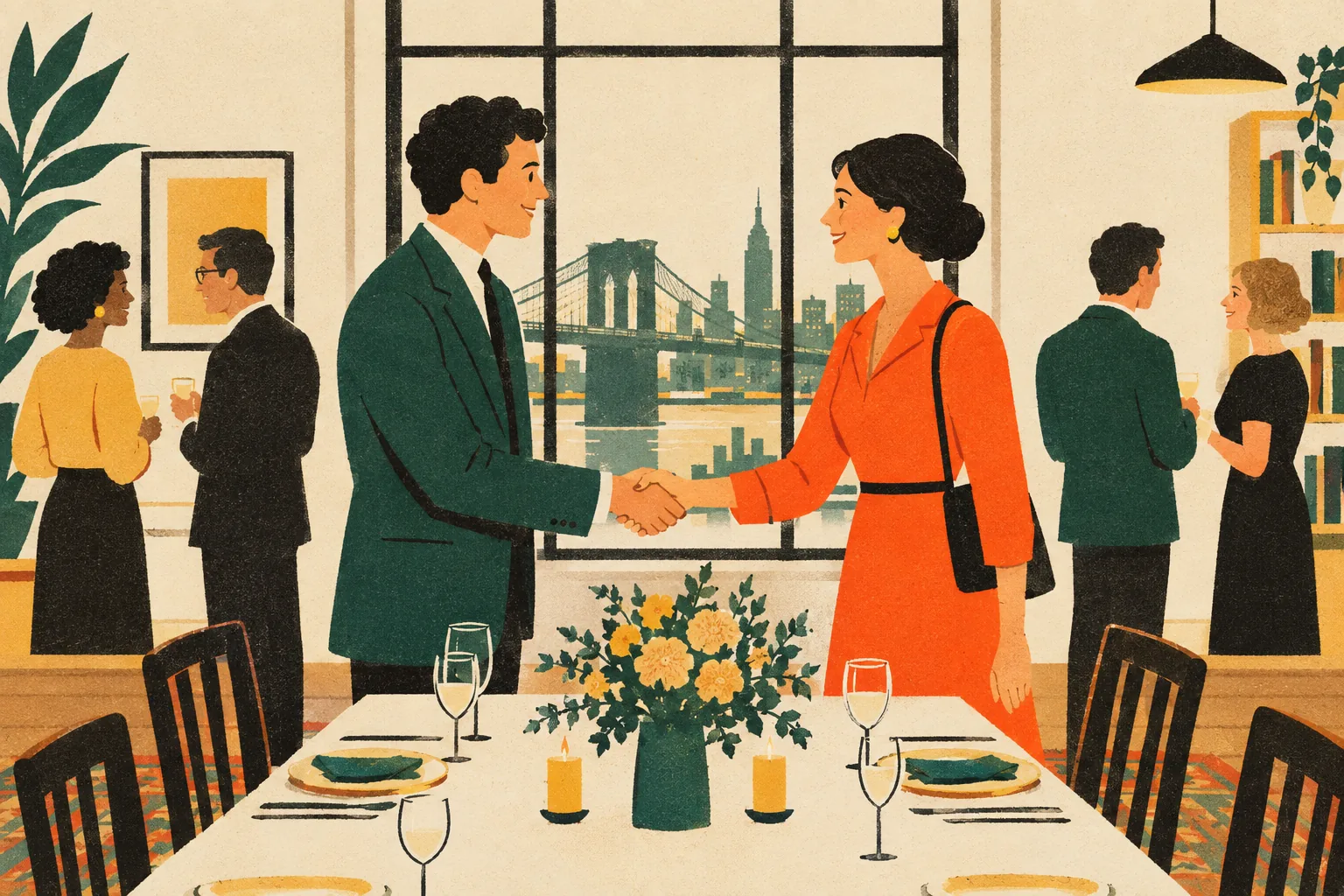 Two guests shake hands and smile as they meet at a dinner party in a Brooklyn apartment, with other guests talking near a window behind them.