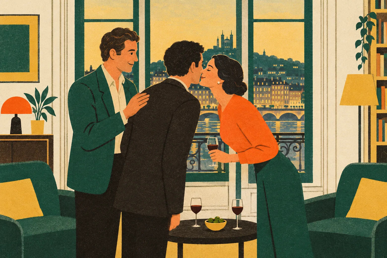 At an evening drinks party by tall windows, a host introduces a newcomer to a woman who leans in to greet him with a light cheek kiss, next to a low table with wine glasses and olives.