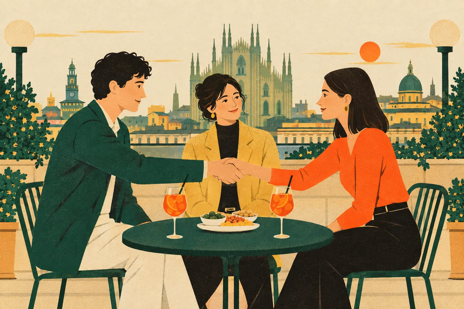 Two young people shake hands over a small aperitivo table with two orange spritz glasses, while the friend who introduced them looks on smiling.