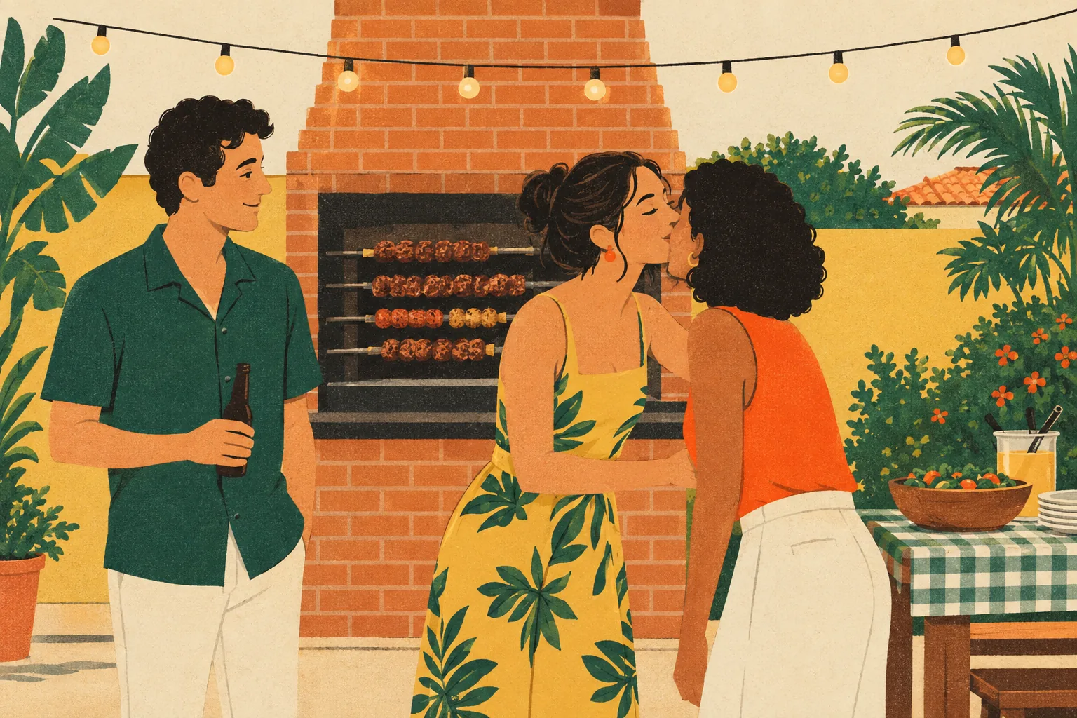 At a backyard barbecue in Brazil, a woman leans in to greet a newcomer with a kiss on the cheek while their mutual friend smiles beside them, a brick grill with skewers behind.