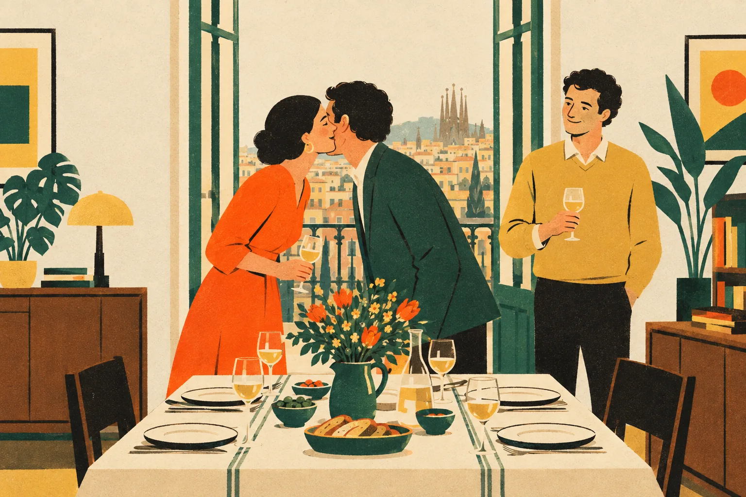 Two guests greet each other with a cheek-to-cheek kiss beside a set dinner table while the host watches, smiling, glass in hand.