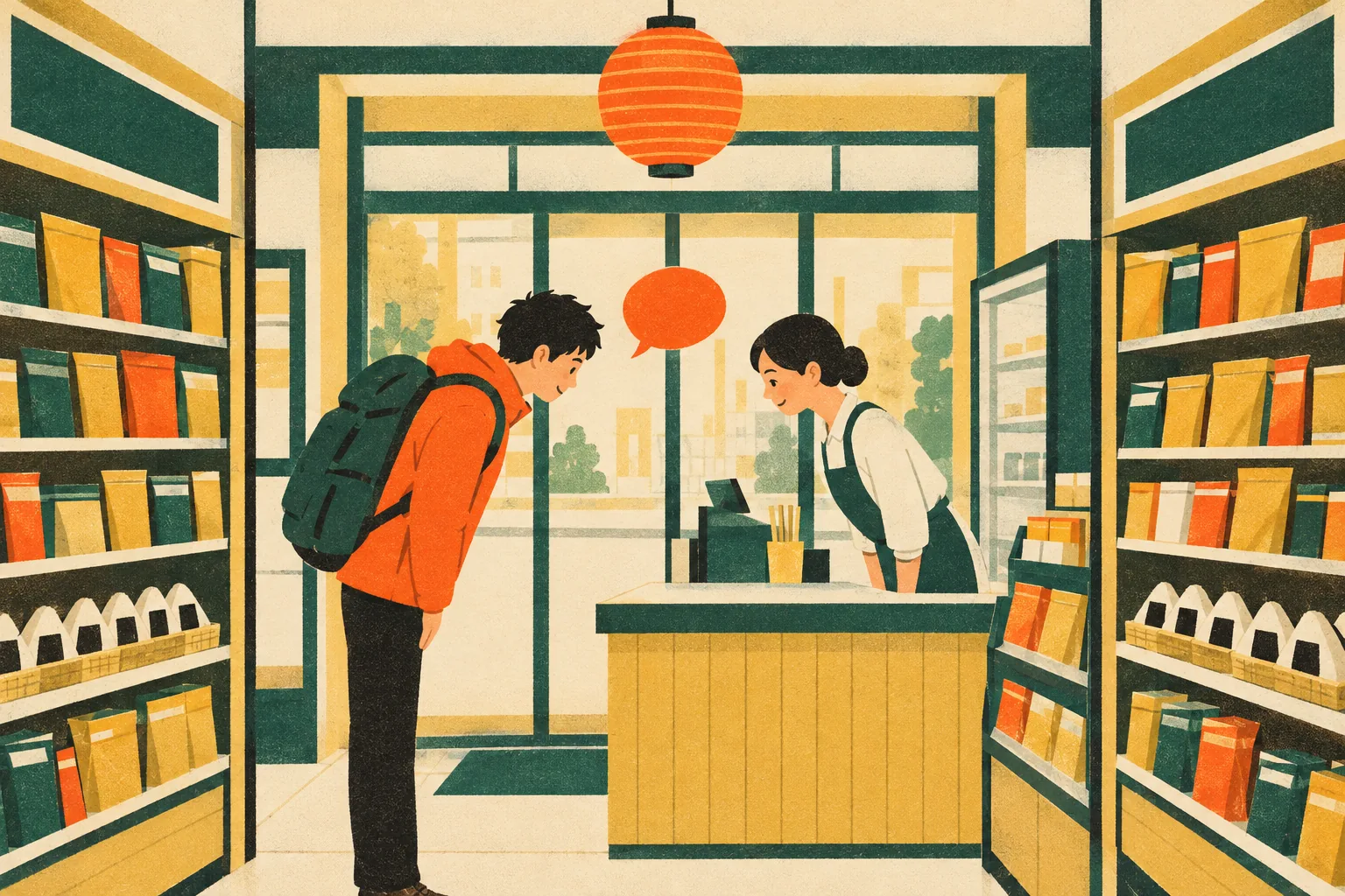 A traveller with a backpack bows slightly to a smiling clerk across a convenience store counter, shelves of packets on both sides and a paper lantern by the door.