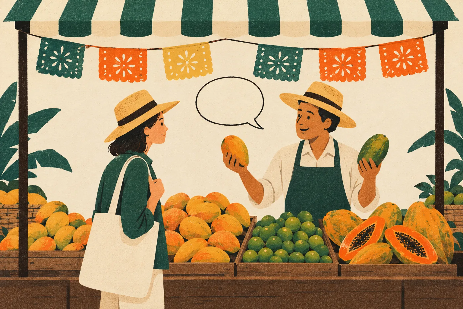 A traveller asks a smiling stallholder about prices at a fruit stall with mangoes and limes under a striped awning, bunting hanging above.