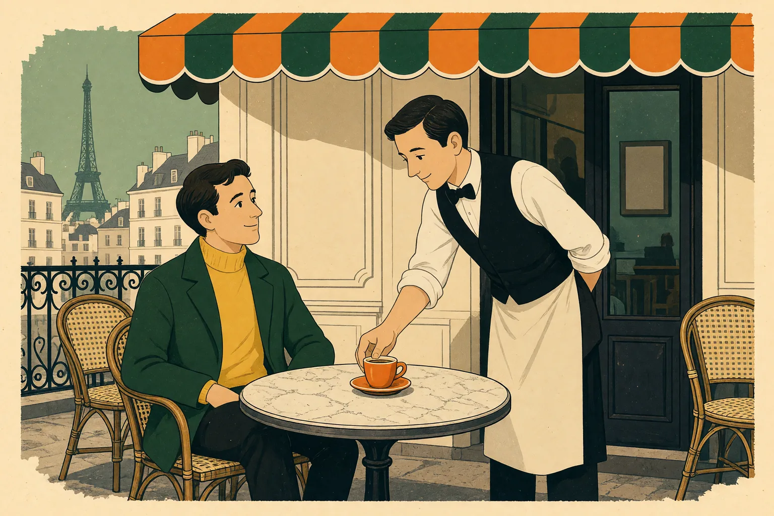 A server on a Paris café terrace sets a small espresso cup on a round marble table in front of a seated customer, under a striped awning.
