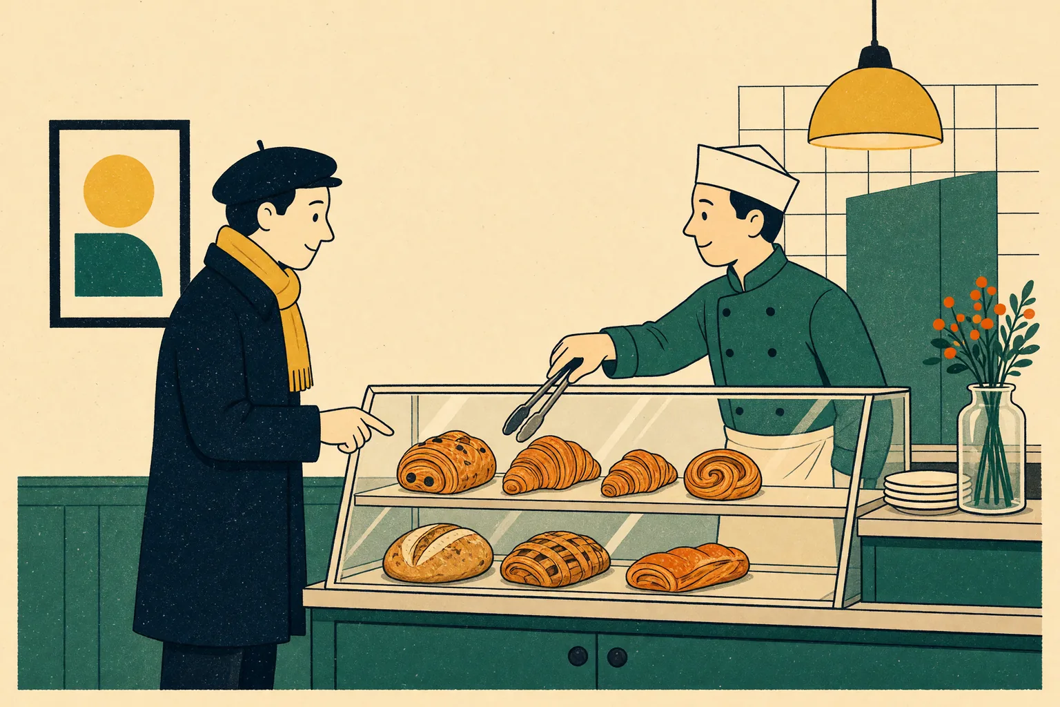 A customer points at a tray of croissants in a bakery display case while the baker reaches for one with tongs.