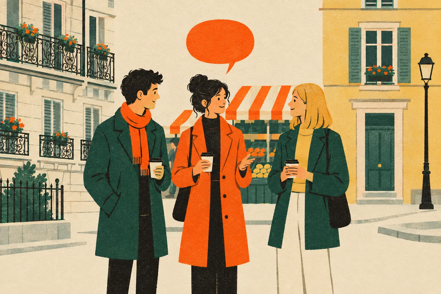 Three friends with coffee cups stand side by side, each in front of a different street backdrop, with one empty speech bubble above the middle friend.