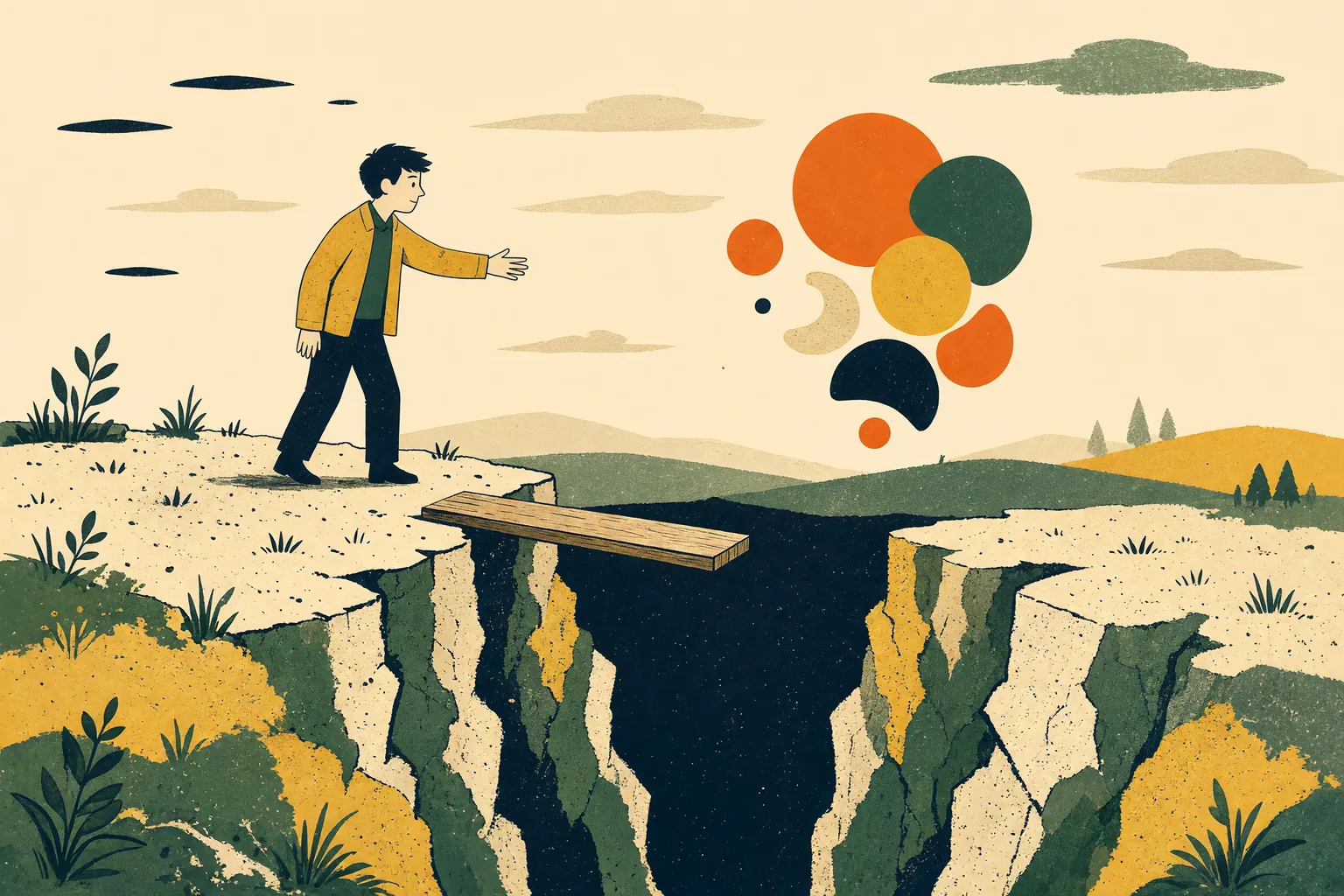 A person at the edge of a narrow gap reaches toward floating rounded shapes on the far side, with one plank laid partway across.