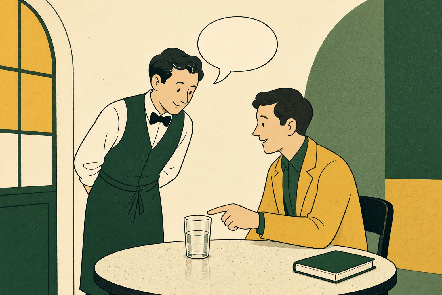 A restaurant server leans in with an empty speech bubble while the seated diner points straight at a water glass, a closed book pushed aside on the table.