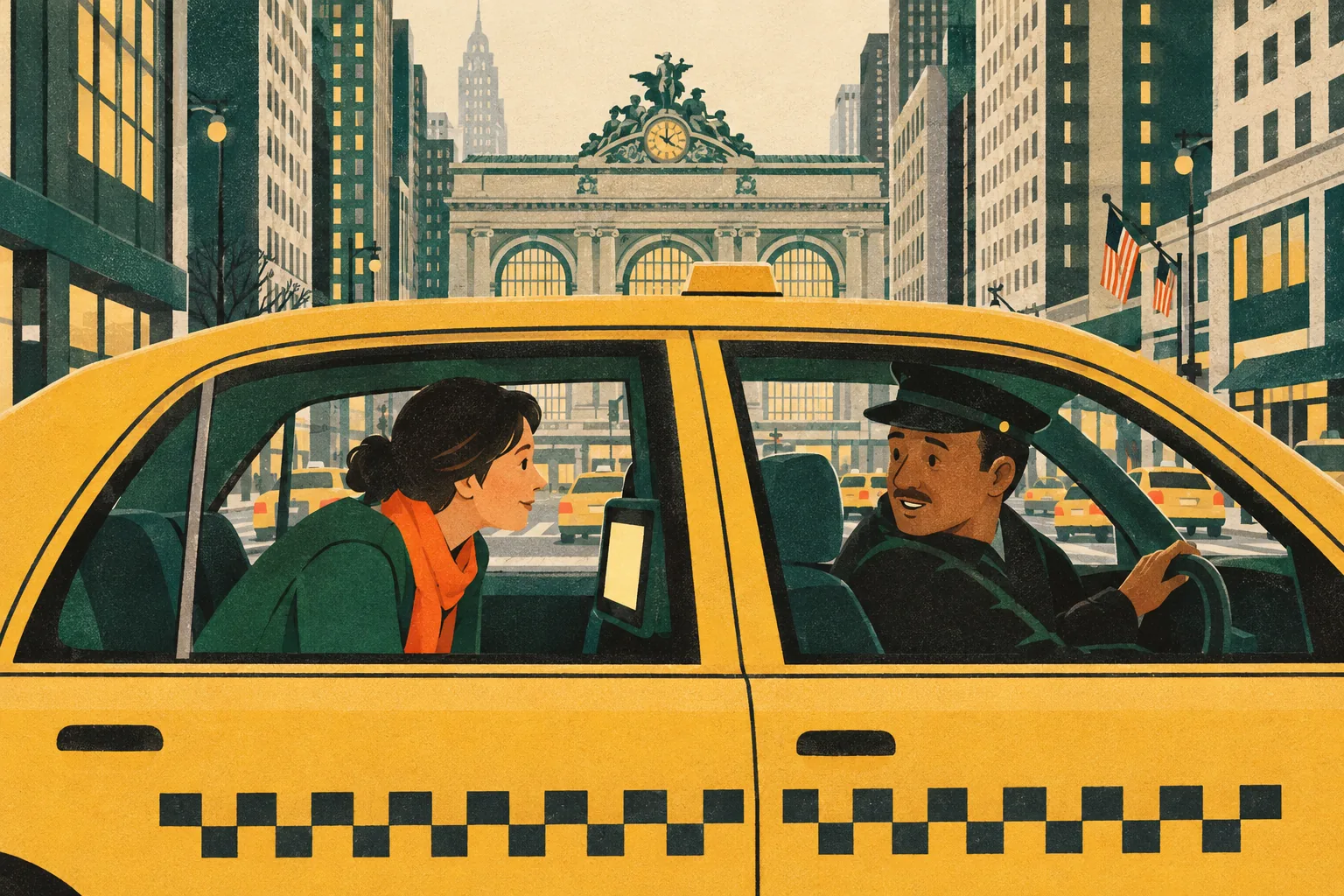 A passenger leans forward from the back seat of a yellow taxi to listen to the driver, with tall city buildings and a large train station outside the windows.
