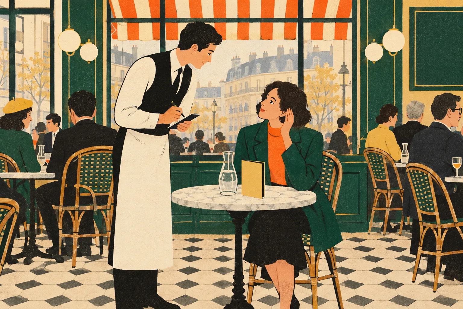 A server in a long apron leans toward a seated customer at a small bistro table, notepad in hand, as the customer tilts their head to listen, a water carafe and folded menu on the table.