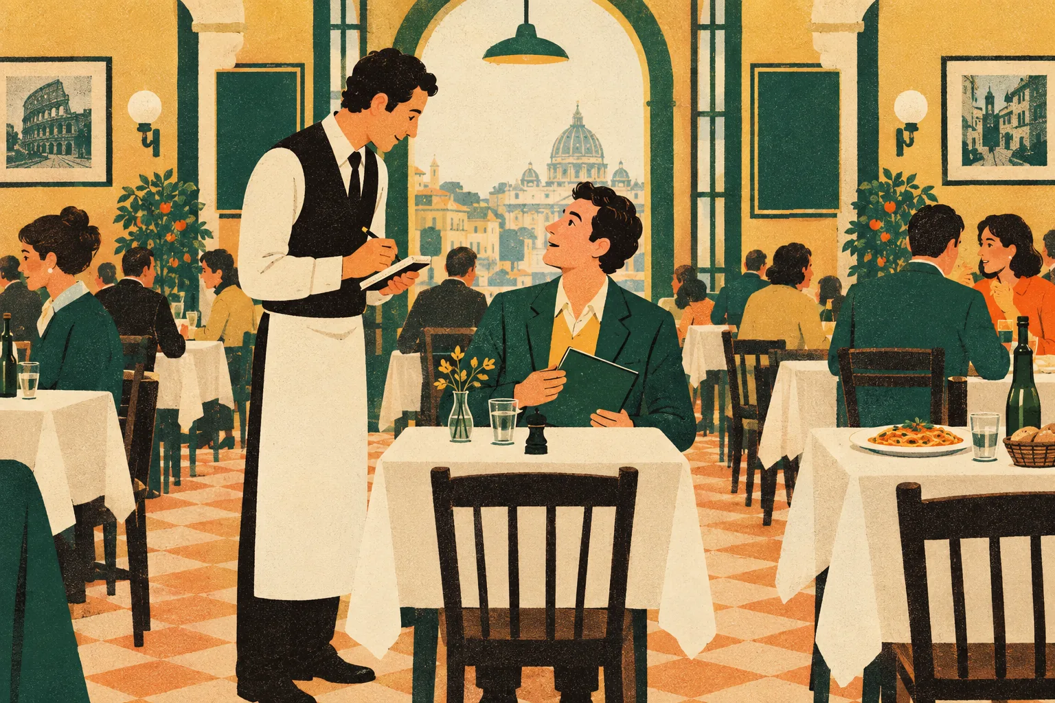 A waiter with a notepad leans toward a seated customer holding a closed menu at a small table in a busy Rome trattoria.