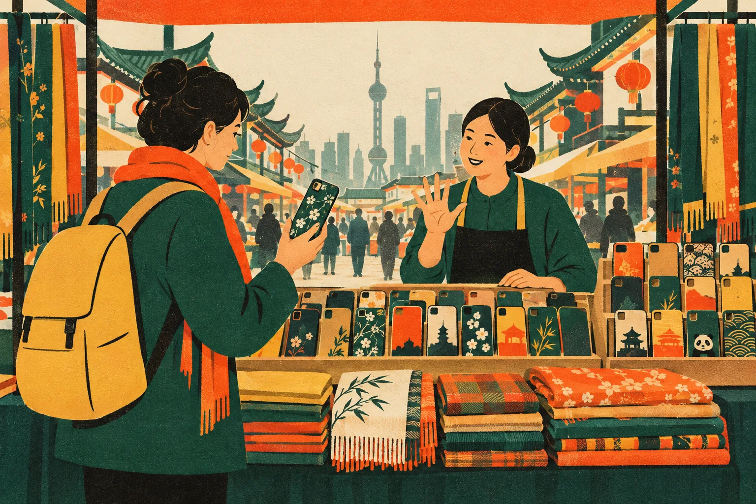 A traveller holds up a phone case at a Shanghai street market stall while the vendor behind a table of phone cases and scarves raises a hand to show the price.