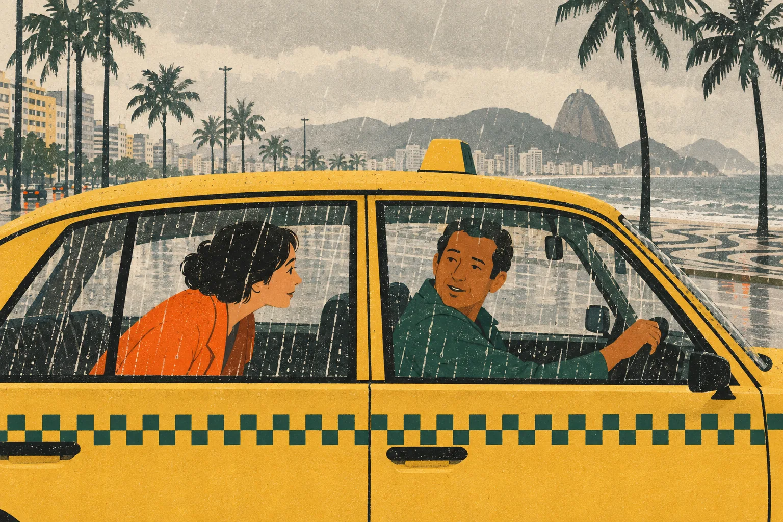 A passenger leans forward from a taxi's back seat to listen to the driver on a rainy day, with wet palm trees and a seafront passing outside the windows.