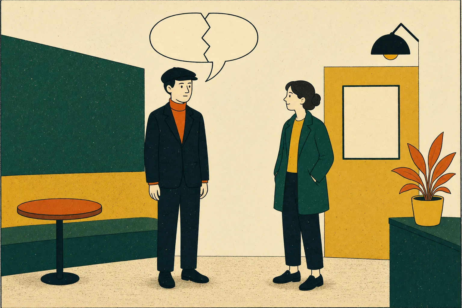 A person stands rigid mid-conversation with an empty, cracked speech bubble above their head while the other person waits opposite.
