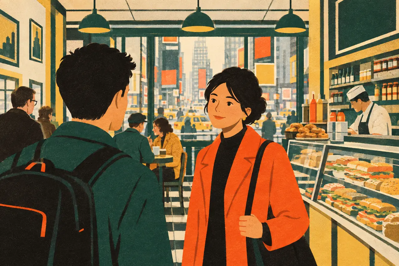 Please, thanks & sorry. You are lost near Times Square and need help from a stranger, then you bump into someone in a busy deli.