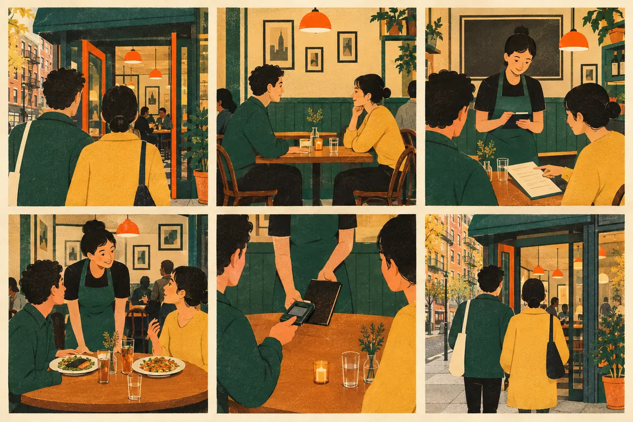 Lunch out. You and a friend walk into a neighborhood restaurant in the East Village for lunch.
