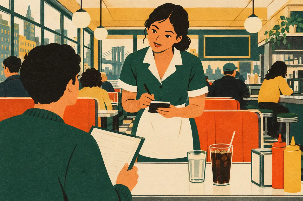 Ordering a meal. It's lunchtime and you sit down at a busy diner in Brooklyn.