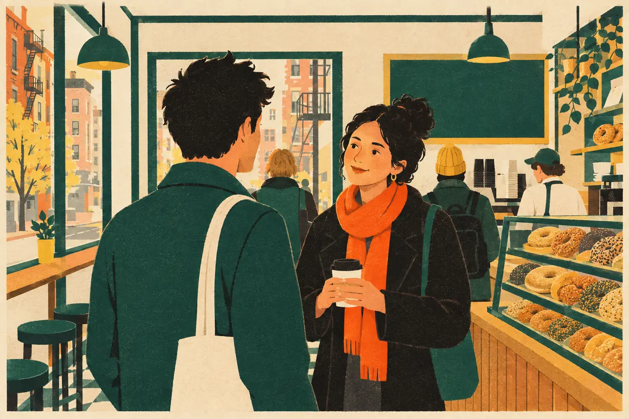 New friend. You run into someone you met once at a party, now standing in line at a bagel shop in the East Village.