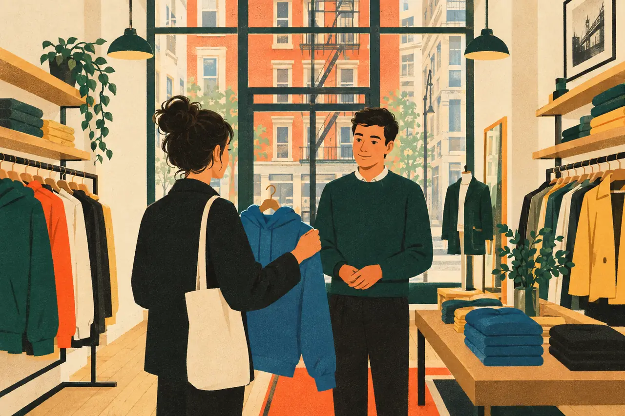 Buying clothes. You are in a clothing store in SoHo, New York, holding a blue hoodie you love.