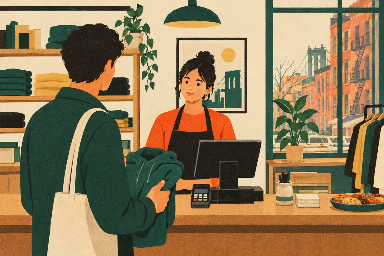 Paying & receipts. You are at the register of a small shop in Brooklyn with a hoodie in your hands.