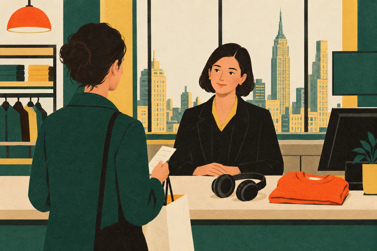 Returns & problems. You are back at the customer service desk of a store in Midtown Manhattan with a bag and your receipt.