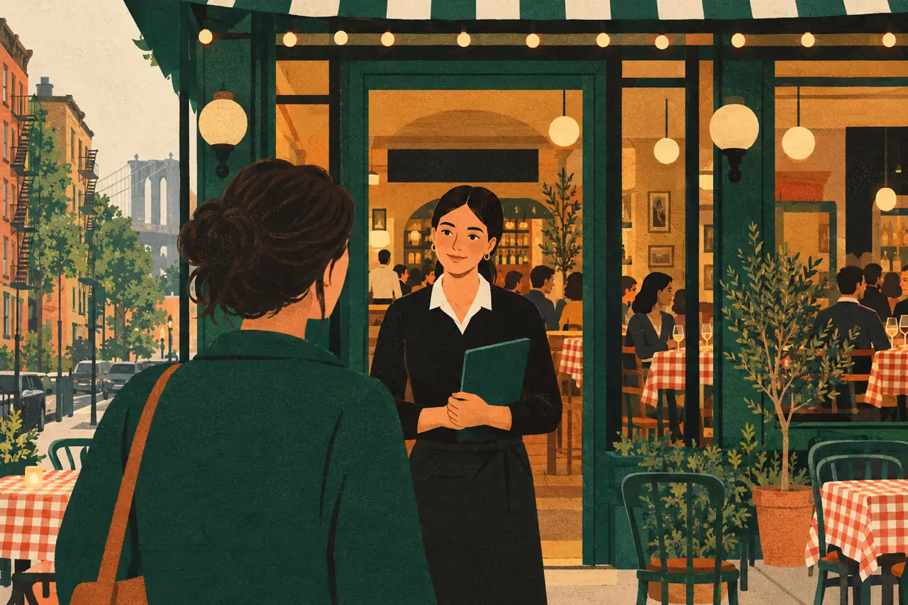 Booking a table. You call a busy Italian restaurant in Brooklyn on a Friday to book a table for four at eight.