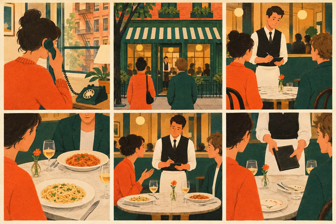 The dinner out. You call a bistro in the West Village to book dinner for you and a friend, then arrive and order for both of you.