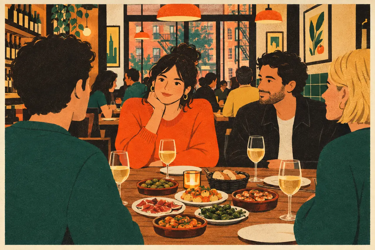 Dinner with friends. You are at a busy tapas-style place in the East Village with three friends for a birthday.