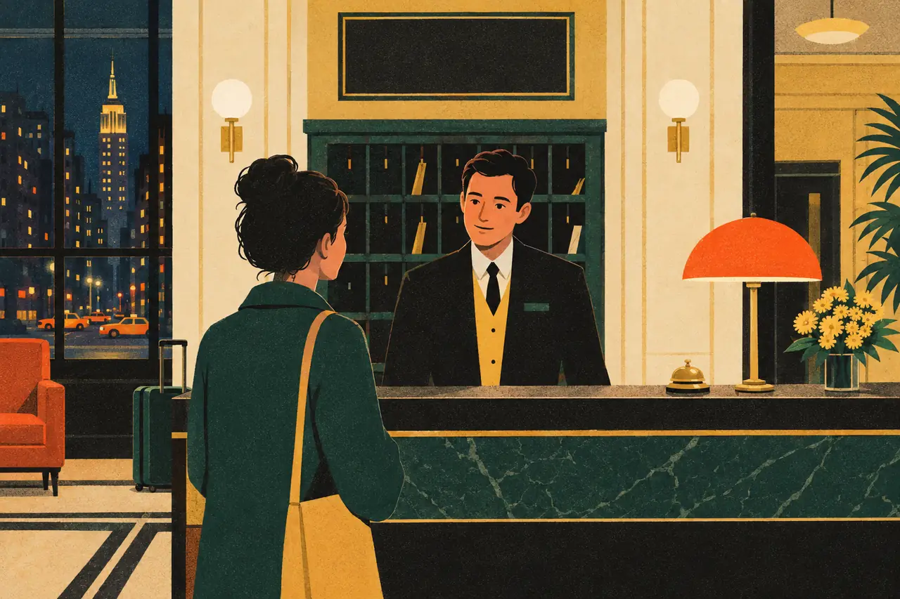 Hotel check-in. It's nine at night and you walk into a small hotel in Midtown Manhattan.