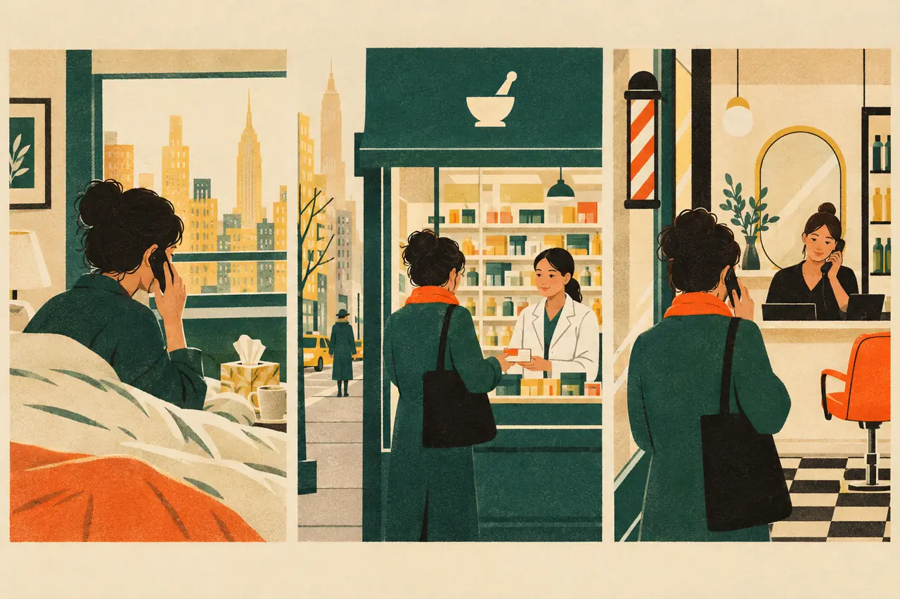 Sick day errands. You wake up in Manhattan with a sore throat and a fever.