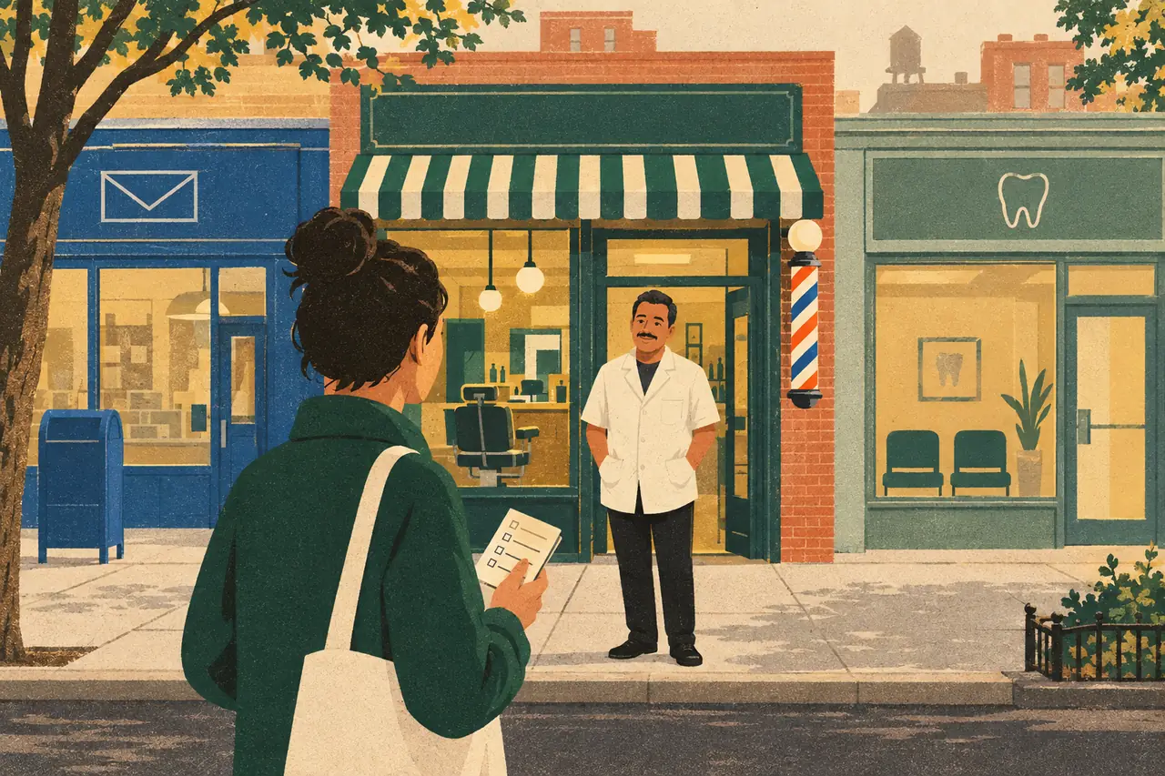 Errands & appointments. It's Saturday in Queens and you have a list: book a haircut at the barbershop, mail a package at the post office, and move your dentist appointment to another day.
