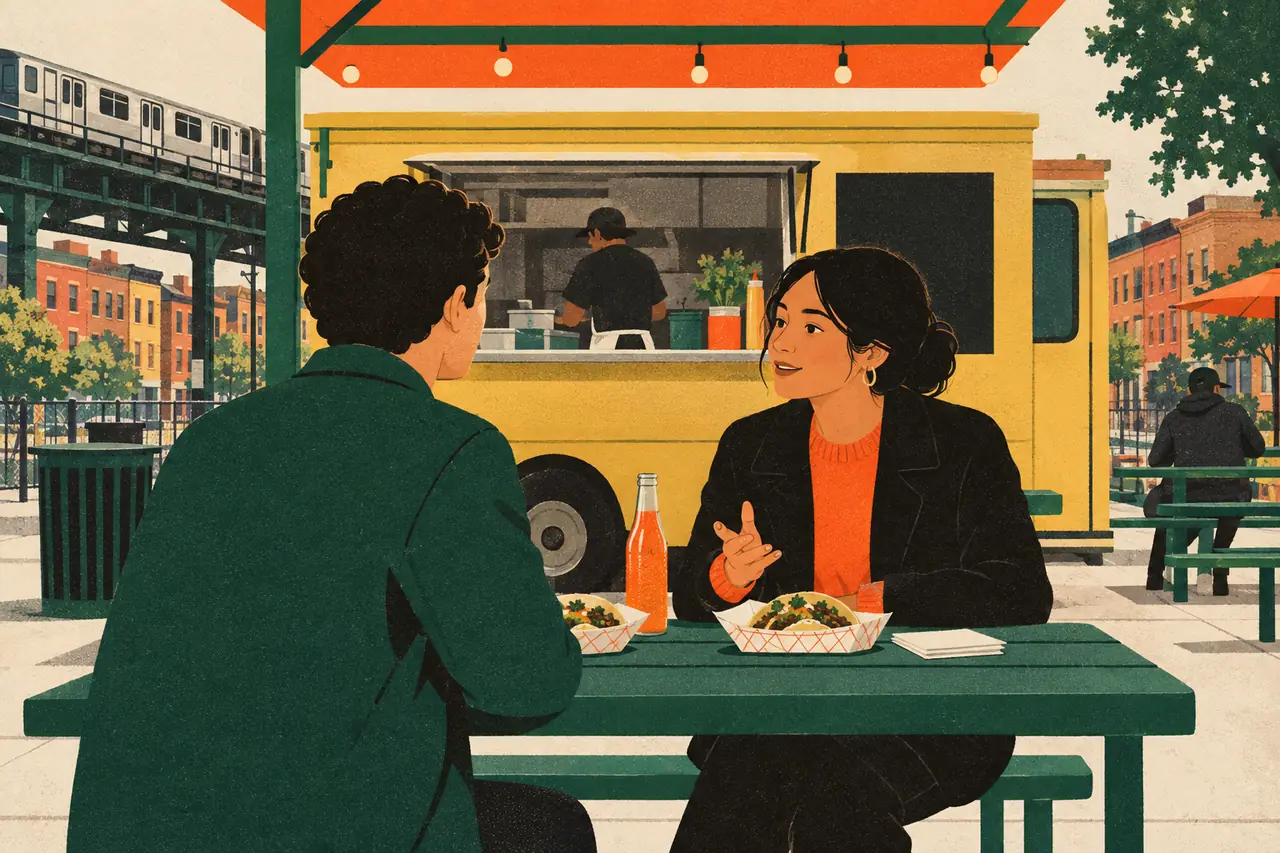 Likes, dislikes & why. You're at a taco truck in Queens with a new friend, talking about restaurants, neighborhoods and movies you've tried.