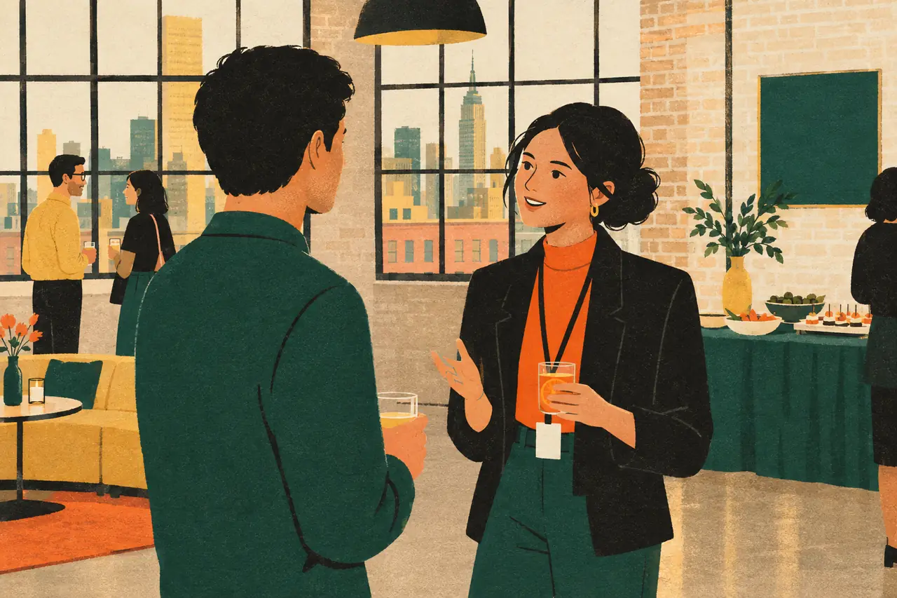 The networking event. You are at a tech networking mixer in a SoHo loft, holding a drink and not knowing anyone.