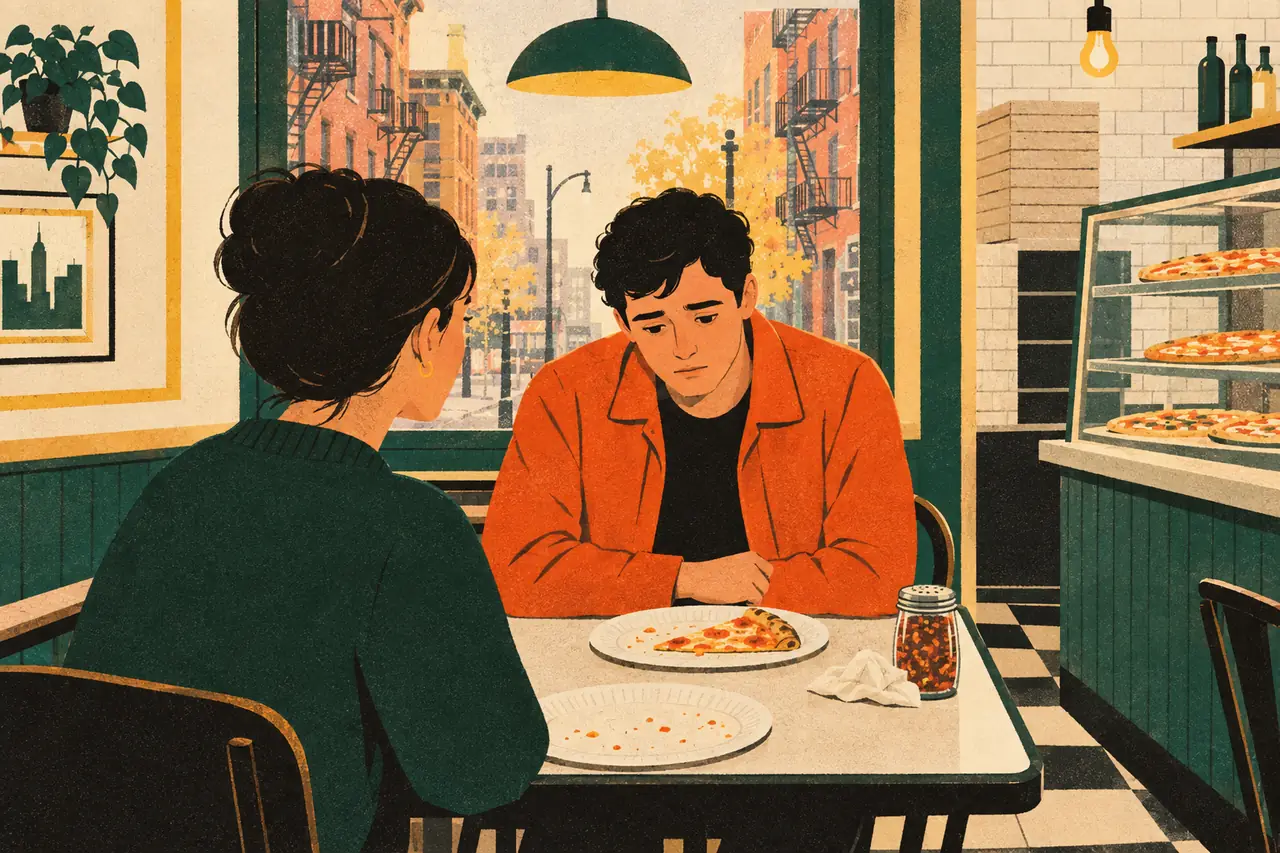 Heart to heart. Your friend barely touched his pizza at a slice shop in the East Village and seems really down.