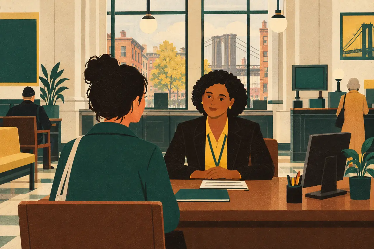 Banking and paperwork. You just moved to Brooklyn and you're at a bank branch on Atlantic Avenue to open a checking account.