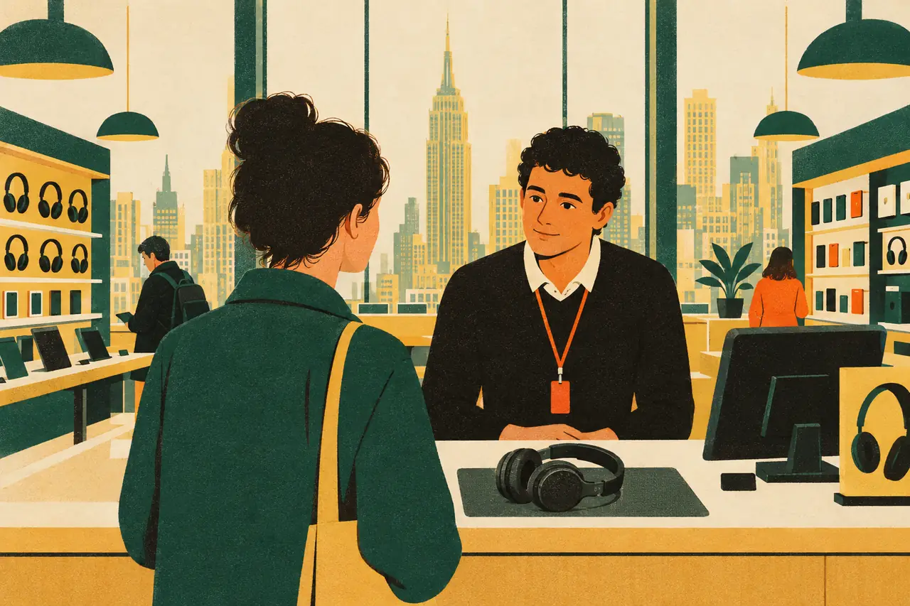 Fixing a problem. You're at the customer service desk of an electronics store in Midtown Manhattan with headphones that died after a week.