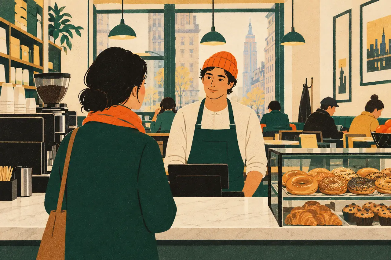 Una escena del camino de inglés: pedir en una cafetería de Nueva York.