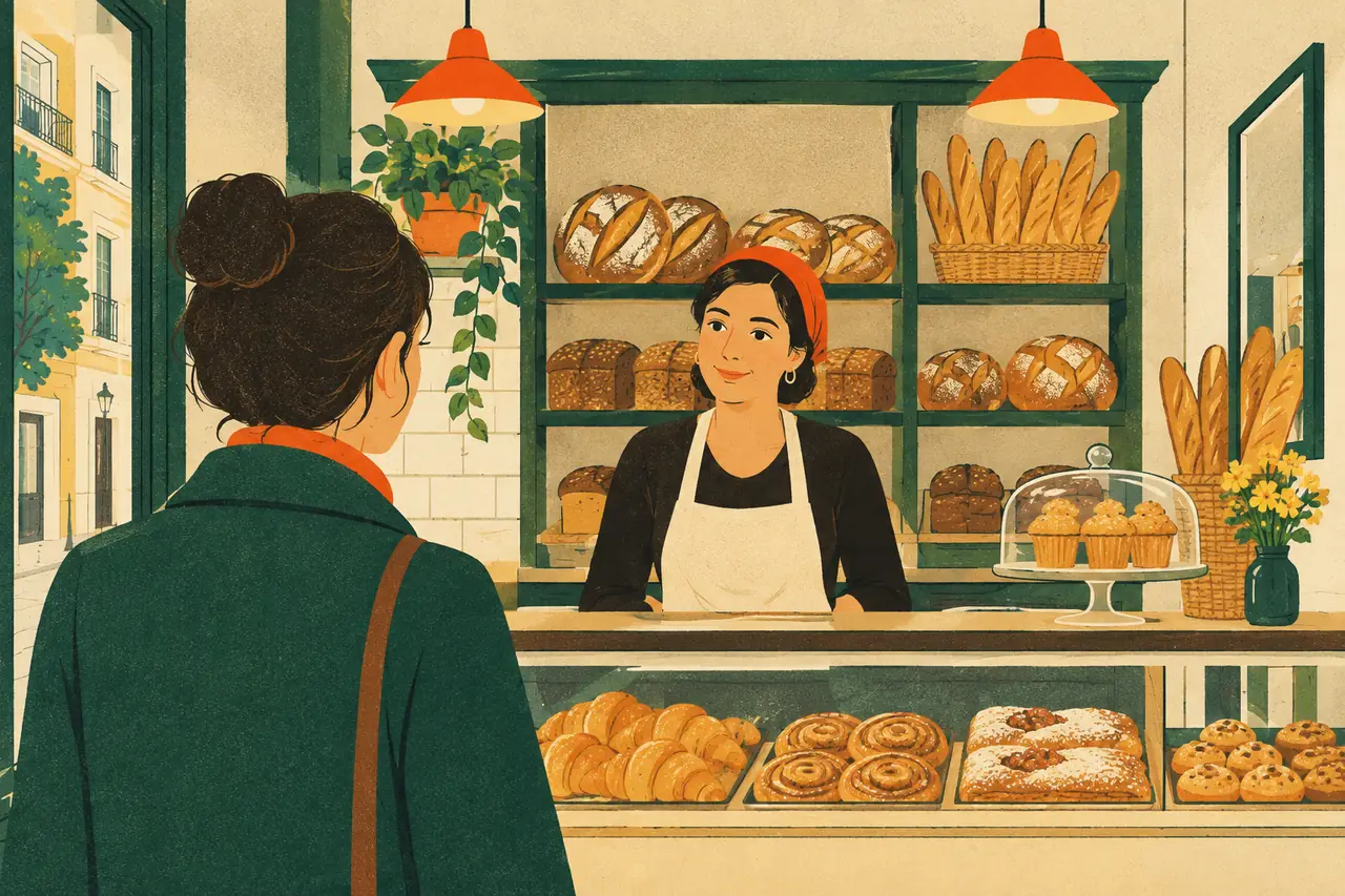 Hello and goodbye. You walk into a small neighbourhood bakery in Madrid and the woman behind the counter looks up at you.