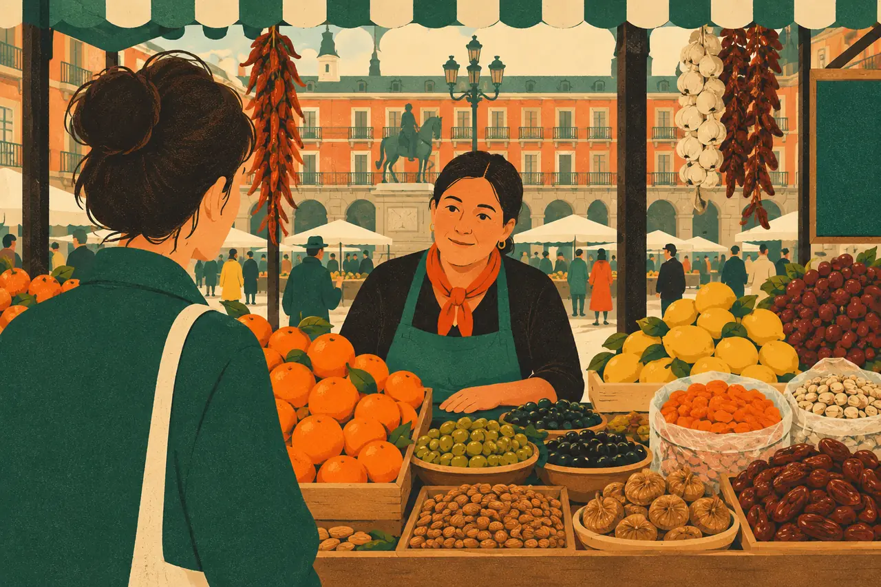 Numbers and prices. You are at a busy market stall in Madrid, fruit and snacks piled high and not a price tag in sight.