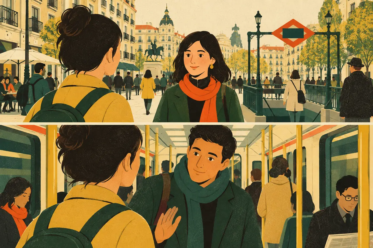 Please, thanks, sorry. You are lost on a busy Madrid street and need to stop someone to ask for help, then thank them for it.