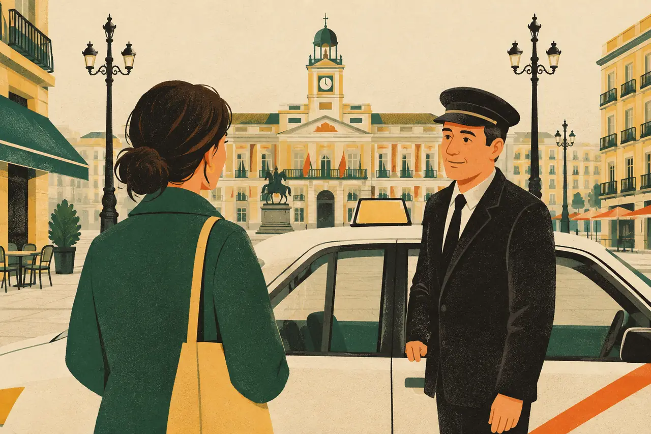 Taking a taxi. You flag a taxi outside your hotel in Madrid and need to reach the Puerta del Sol before your dinner reservation.